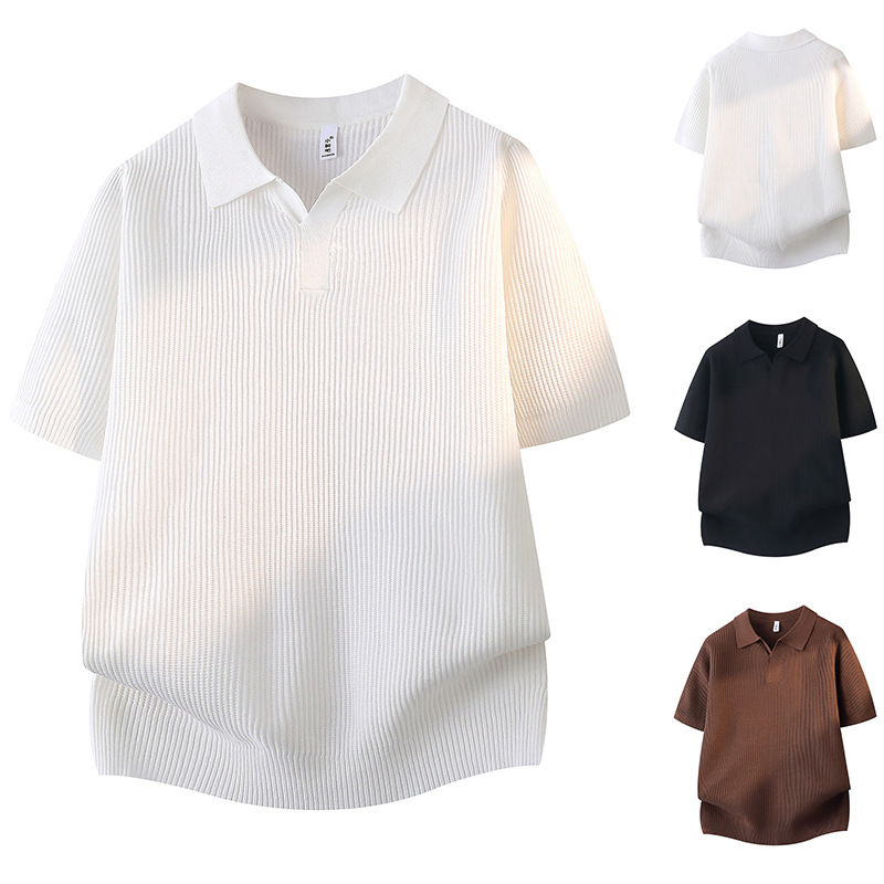 Polo camiseta de punto camiseta de manga corta hombre cuello V gaviota cuello viejo viento delgado camiseta de hielo de seda de verano fábrica transfronteriza al por mayor