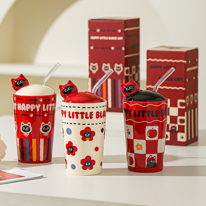 Caricatura gatito taza de paja hermosa taza de alto valor facial taza de agua taza de gran capacidad con cubierta de regalo