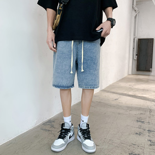 Xxbro Men's Wear # Summer Trendy Denim Shorts Ins Elastic Waist Light Blue Loose Men's and Women's Same Style Five-Quarter Pants