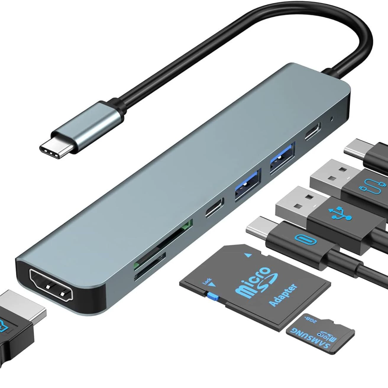 Док-станция USB-C с поддержкой 4K, HDMI, USB 3.0, разветвитель USB-C, многофункциональная 7-в-1