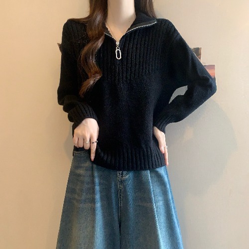 半拉链翻领内搭毛衣女秋冬2025大码胖mm宽松坑条慵懒风针织衫上衣|undefined