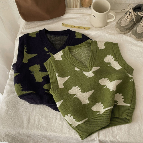  Spring and Autumn New Cute Dinosaur Embroidery V-neck Loose Knitted Vest for Boys and Girls 
