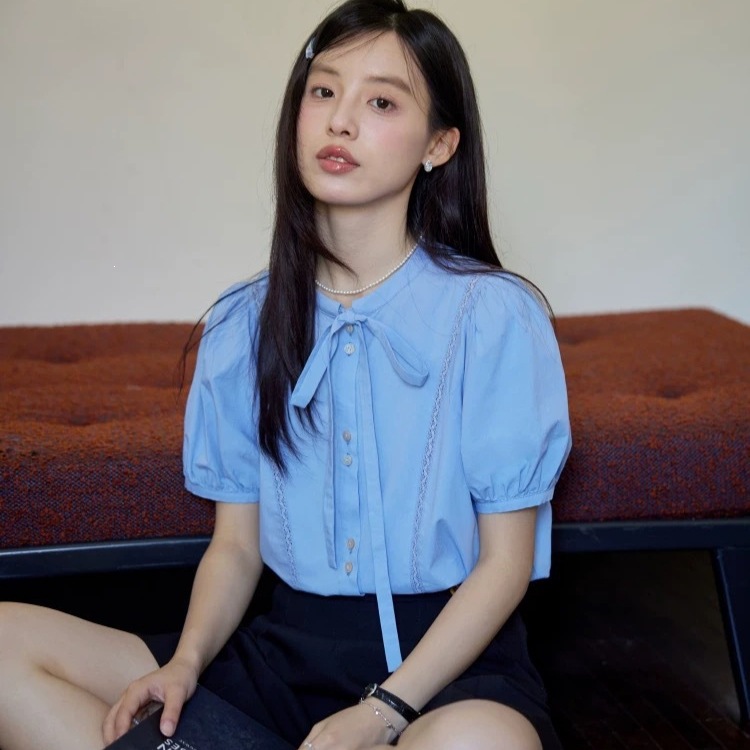 Nov elist什一 花边系带拼接泡泡袖设计感衬衫女短袖衬衫3771