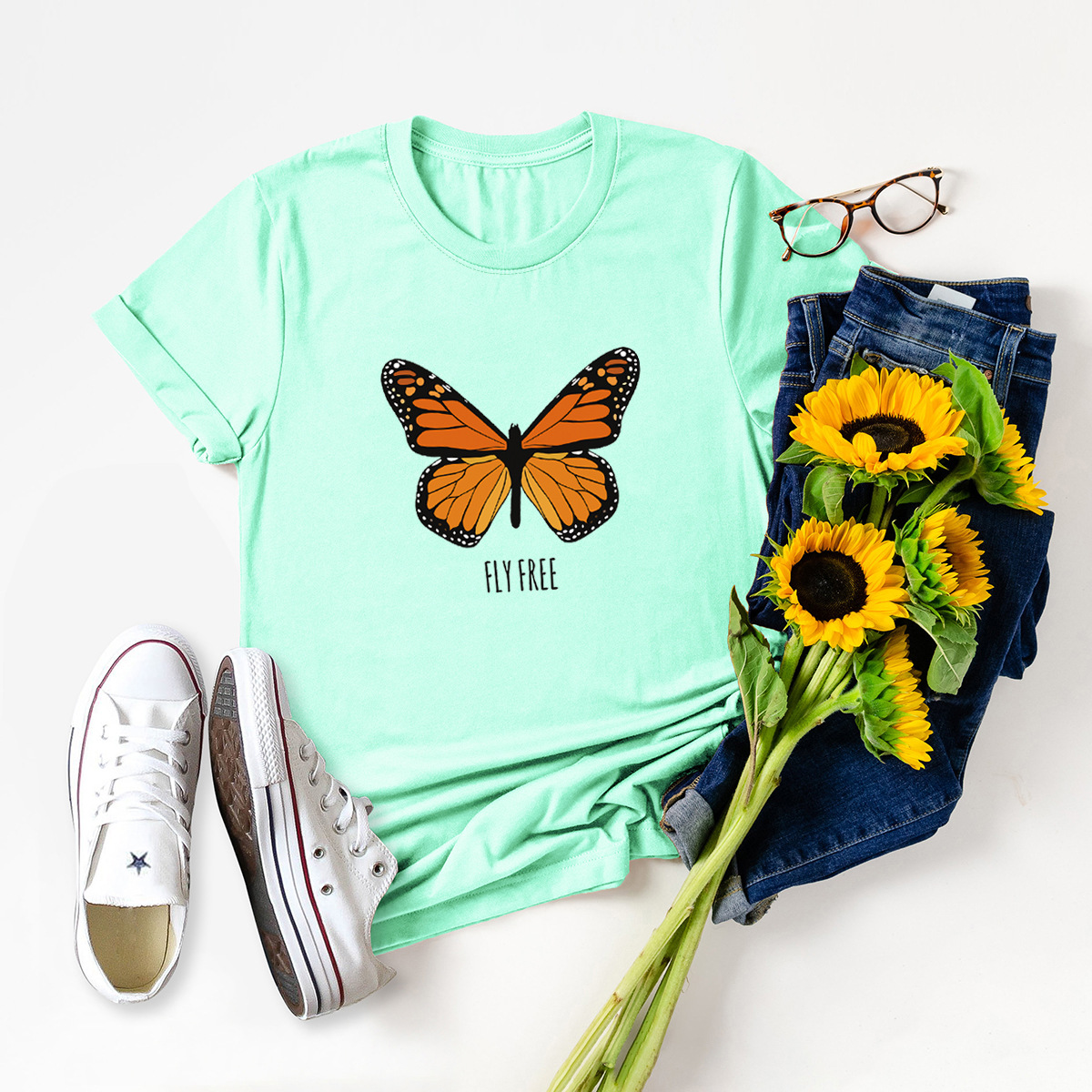 butterfly print short-sleeved t-shirt nihaostyles clothing wholesale NSSN83718