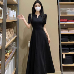 茶休半袖ウエストワンピース女性2025夏太ったmmがお腹を隠して痩せている気質のヘボン風長スカート黒