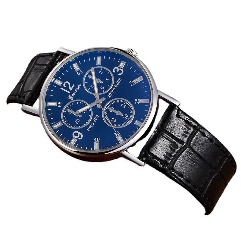Regalo de empresa de moda Reloj de hombre de tres ojos Reloj de hombre de cuarzo Reloj de cinturón de vidrio azul Reloj de hombre