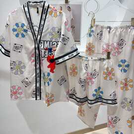 2026新款冰雪丝睡衣女甜美印花短袖长裤卡通字母花边家居服三件套