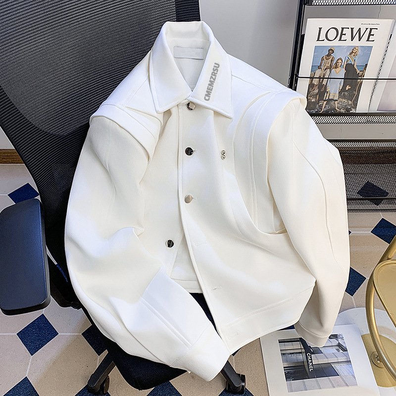 White Short Scimitar Sleeve Shoulder Pad Work Jacket Men's 2025 Motorcycle Metal Decoration Deconstructed Jacket Top