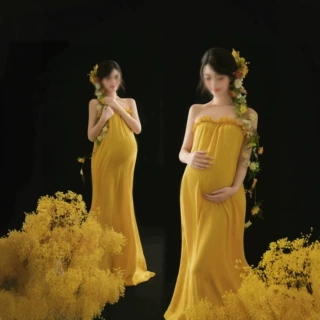 影楼简约风孕妇拍照礼服写真黄色主题清新中式孕妈艺术照摄影服装
