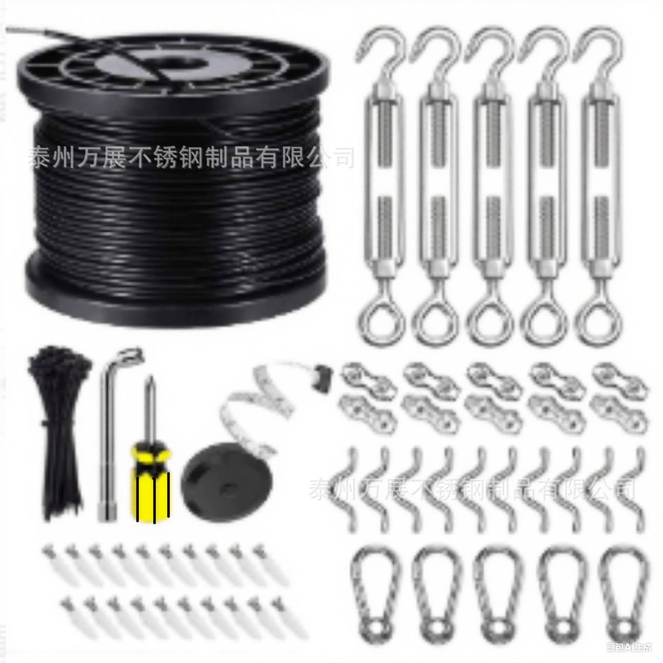 En stock de cable de acero inoxidable PVC recubierto cuerda de alambre de acero al aire libre luz colgante kit tensor de cuerda de gancho de resorte