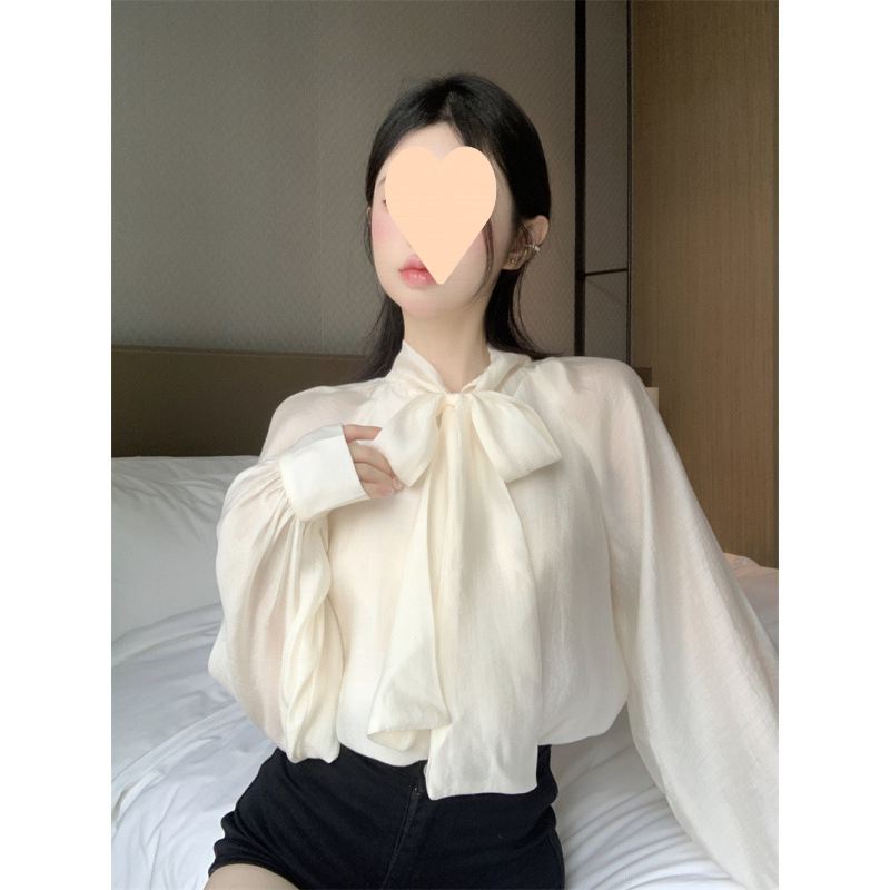 法式气质绑带蝴蝶结长袖衬衫女设计感小众别致衬衣上衣春秋季新款|undefined