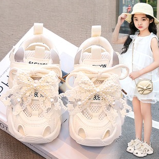 Girls' Shoes Children's Sandals Summer 2025 New White Soft Sole Sports Shoes Girls Hollow Princess Single Mesh Shoes