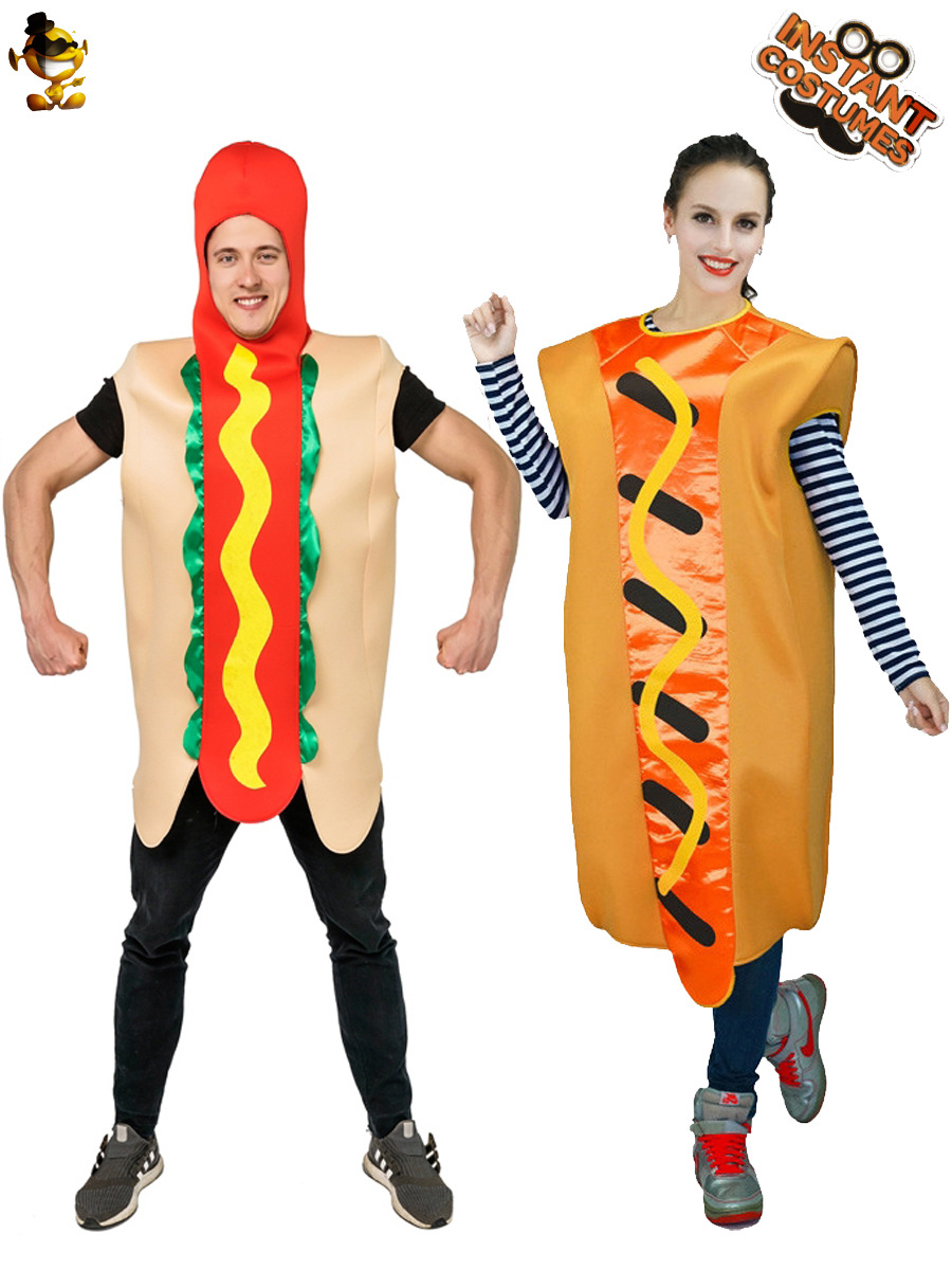 Adulto de los hombres y de las mujeres divertidas ropa de fiesta de perro caliente parodia de comida ropa de rendimiento de etapa de pareja mono de perro caliente