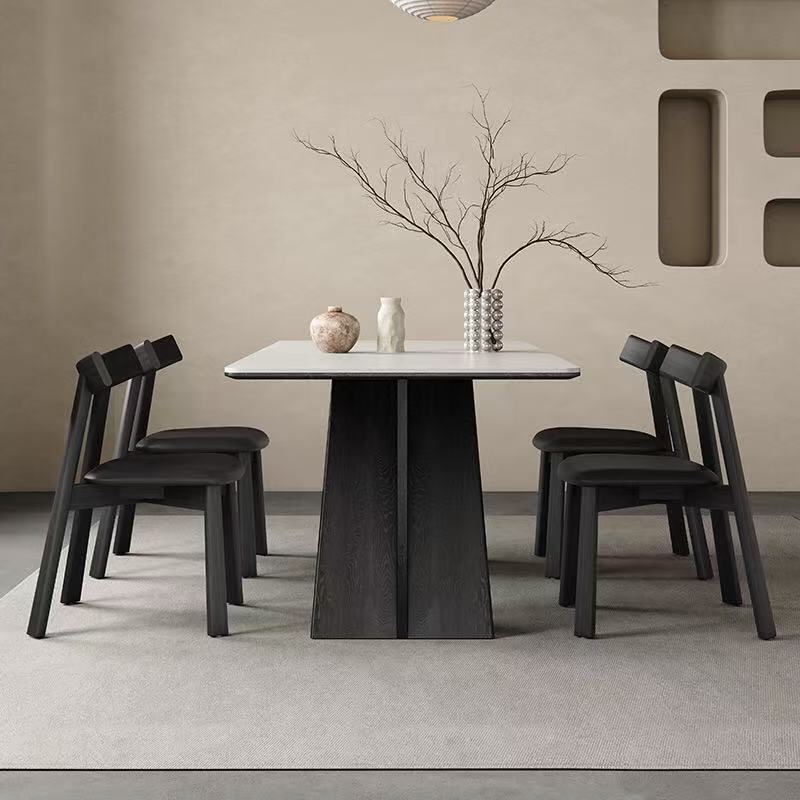 Mesa de comedor de madera maciza negra, mesa de comedor rectangular para uso doméstico pequeño, mesa de comedor para el hogar simple y de lujo ligero, mesa de comedor de tablero de roca blanca pura