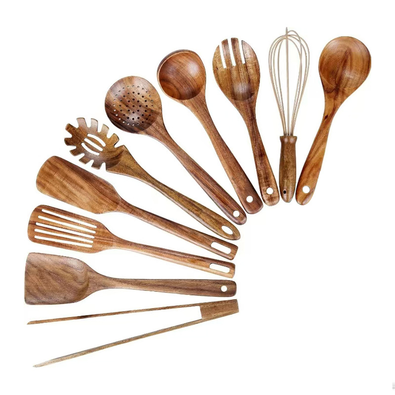 Juego de cocina de teca, cuchara de pala de madera maciza, tenedor, sartén antiadherente, utensilios de cocina de madera de acacia, espátula de mango largo, juego de cocina de 9 piezas