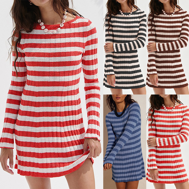 2026 Cross-Border Amazon European and American Foreign Trade Autumn and Winter New Knitwear Round Neck Striped Women's Sweater Dress 2026 Cross-Border Amazon European and American Foreign Trade Autumn and Winter New Knitwear Round Neck Striped Women's Sweater Dress