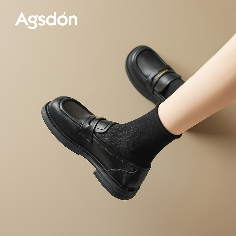 Augu Shi Deng zapatos de cuero negro para mujeres 2026 nuevo estilo de primavera británico tacones gruesos Lefour zapatos de sola suave