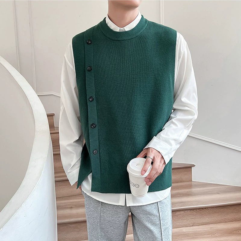 Легкий зрелый стиль 2023 корейский стиль сплошной цвет асимметричный дизайн смысл персонализированный вязаный жилет пуловер свитер куртка жилет для мужчин