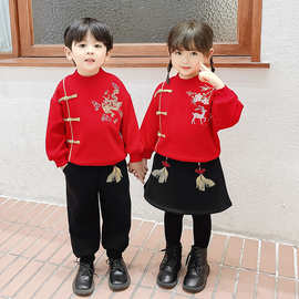 新年男女童过年套装兄妹两件套加绒加厚卫衣中小童红色洋气中国风
