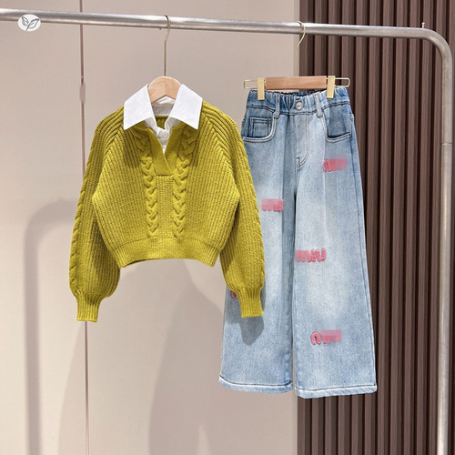 Children's Fall/Winter Set 2025 New Trendy Kids' Korean Style Casual Knit Sweater Fashion Embroidered Denim Jeans