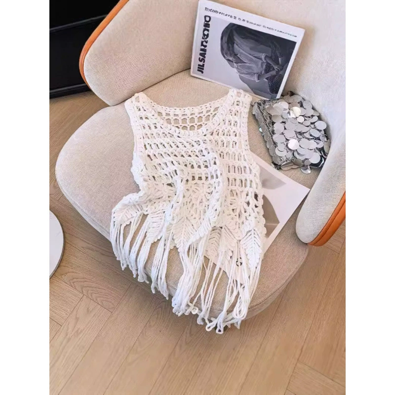 Летняя тканая полая короткая женская внешняя одежда без рукавов