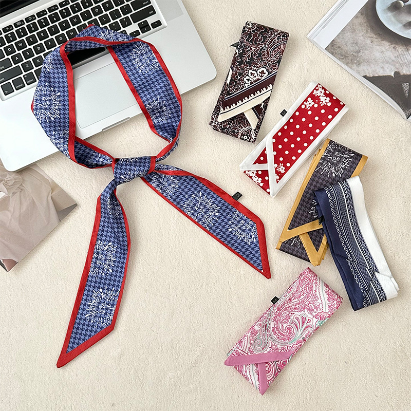 Pañuelo de seda, banda larga, sensación de alta calidad, bufanda pequeña decorativa, bolsa de toalla de seda, envuelta, pañuelo floral, cinta para el cabello, serpentín para el cabello