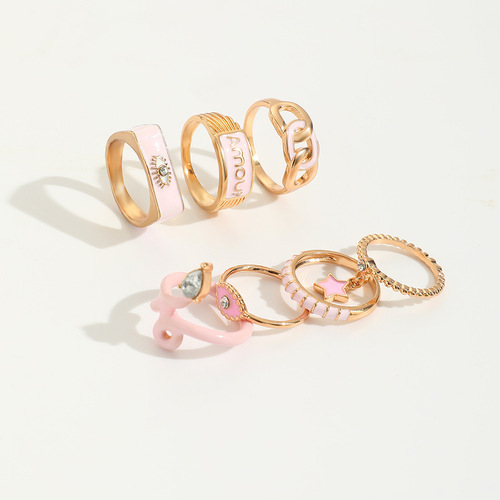 Ins style pink oil drop diamond glasses ring 7 pieces chain snake star pendant ring set