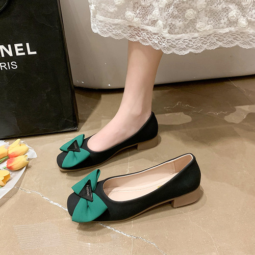 Fashionable thick heel soft leather single shoes for women 2024 spring breathable bow with shallow mouth square toe medium heel beanie shoes low heel