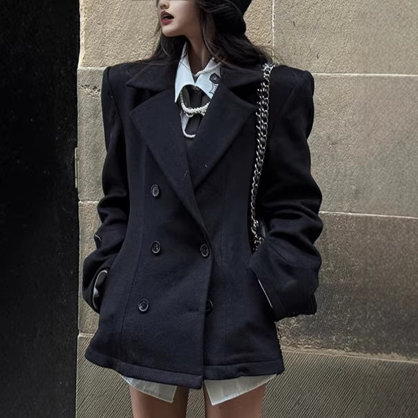 Hao Tian Factory Direct Supply Black Wool Suit for Women, Slim Fit Double-Breasted Thick Woolen Coat for Petite Sizes