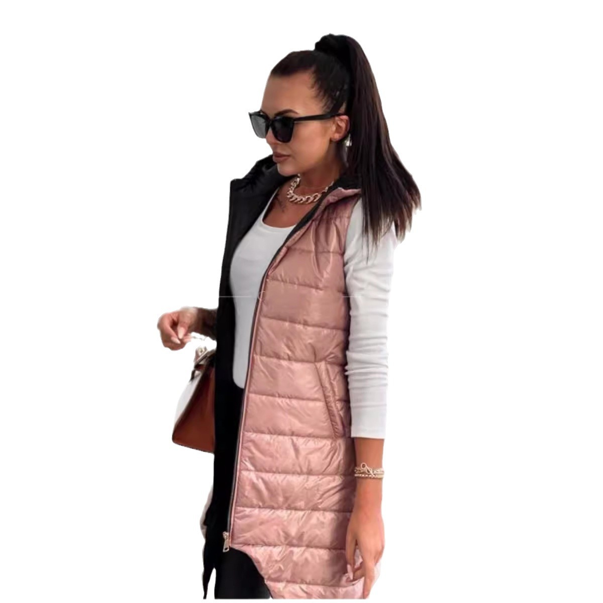 2021 deseo europeo y americano color sólido elegante Chaqueta de punto con capucha Chaleco de un solo pecho bolsillo sin mangas abrigo de longitud media