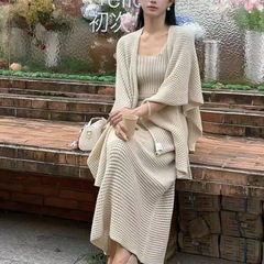 早秋法式慵懒风针织两件套女秋装吊带裙＋披肩外套复古套装批发