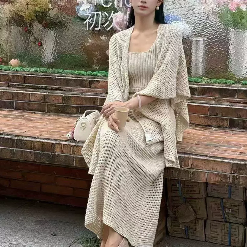早秋法式慵懒风针织两件套女秋装吊带裙＋披肩外套复古套装批发