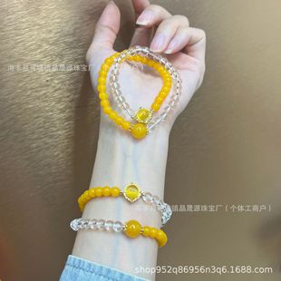 Natural Yellow Onyx Chicken Oil Yellow Bracelet Lemon Yellow White Crystal Double Circle Bracelet New Chinese Style Light Luxury Live Wholesale