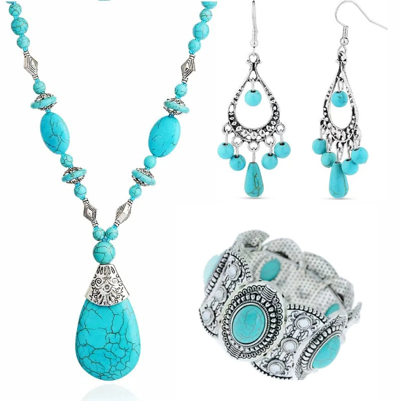 Fashionable Bohemian Turquoise Water Drop Pendant Short Necklace Turquoise Handmade Clavicle Chain for Women Exquisite Fashionable Bohemian Turquoise Water Drop Pendant Short Necklace Turquoise Handmade Clavicle Chain for Women Exquisite