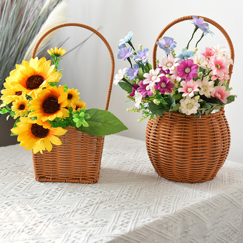 Floral Basket with Plastic Wicker Imitation Hand-woven Handles Waterproof Hand-held Festive Gift Basket