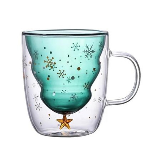 Forro de color de vidrio borosilicato de doble capa creativa forma de árbol de Navidad Star Wish Cup Taza taza de café de desayuno en casa