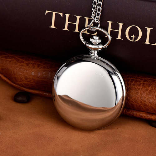 Two-Sided Light Silver Pocket Watch with Regular White Dial, Flip-Open Necklace Watch, Quartz Movement