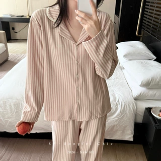 3740日系哑光条纹双面磨毛睡衣女秋冬季亲肤可外穿翻领长袖家居服