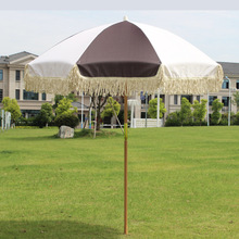 2023新款木杆沙滩伞澳洲新西兰户外带流苏伞花园黄条纹数码印遮阳