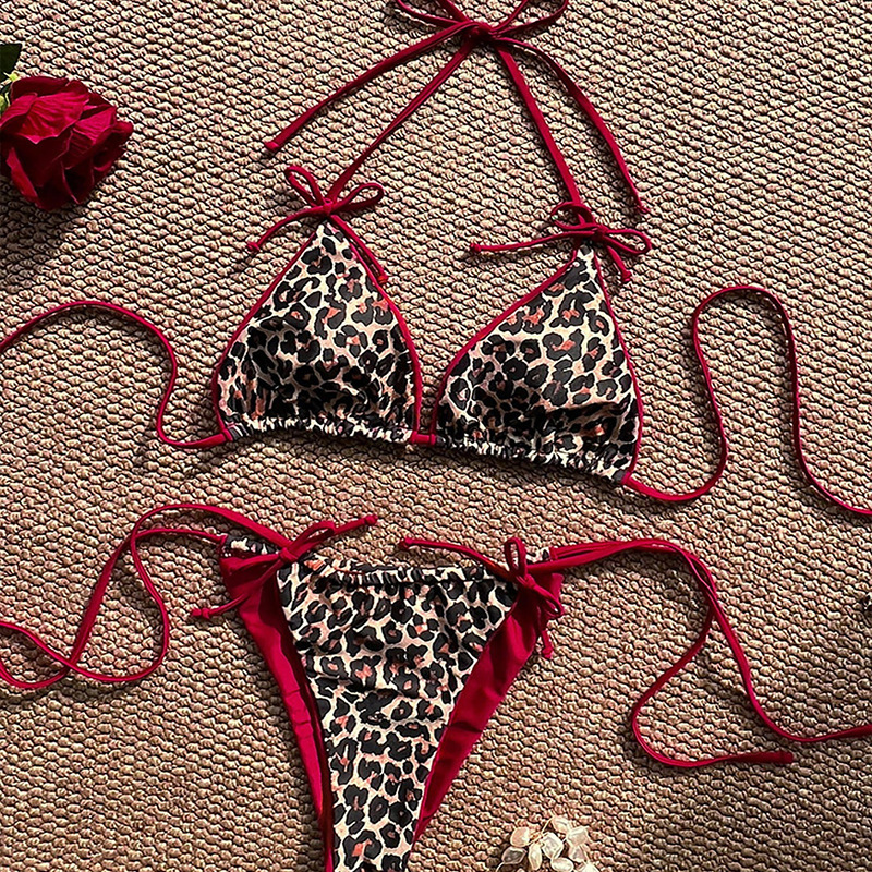 2026 New European and American Style Leopard Print Color-Blocking Two-Piece Swimsuit for Women, High-End Beach Bikini with Tie-Up Design for Hot Springs