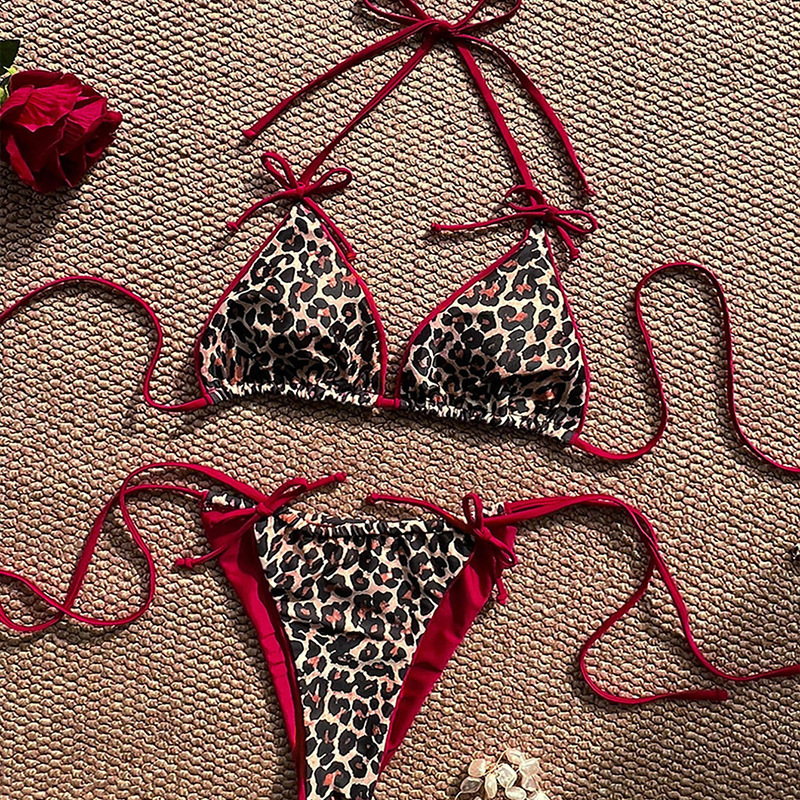 2026 New European and American Style Leopard Print Color-Blocking Two-Piece Swimsuit for Women, High-End Beach Bikini with Tie-Up Design for Hot Springs