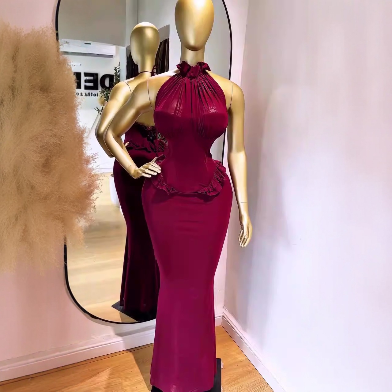Women's Clothing Slimming Long Evening Dress Sleeveless Halter Neck American Style For Autumn Winter_ecoleips.com