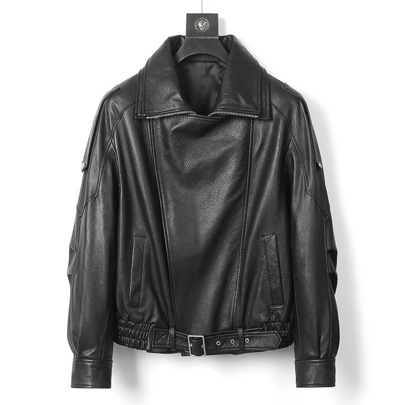 Genuine Leather Jacket for Women, Bubble Leather Double-Layer Collar Silhouette Leather Jacket, Loose Couple Large Version Cool Motorcycle Leather Jacket