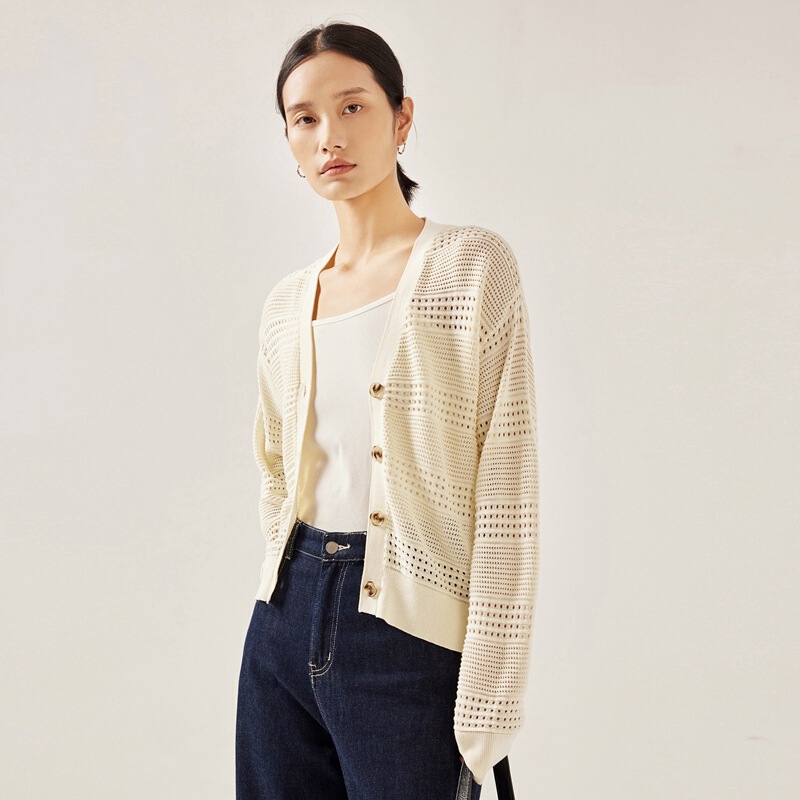 Autumn New Women's Fashion Xiaohuo Same Style Ultra-Fine Cotton V-Neck Knit Sweater White Hollow-Out Cardigan Jacket for Women