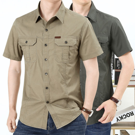 2024 Summer Short-sleeved Shirt Men's Large Size Military Frock Outdoor Loose Casual Shirt Men's Thin Top