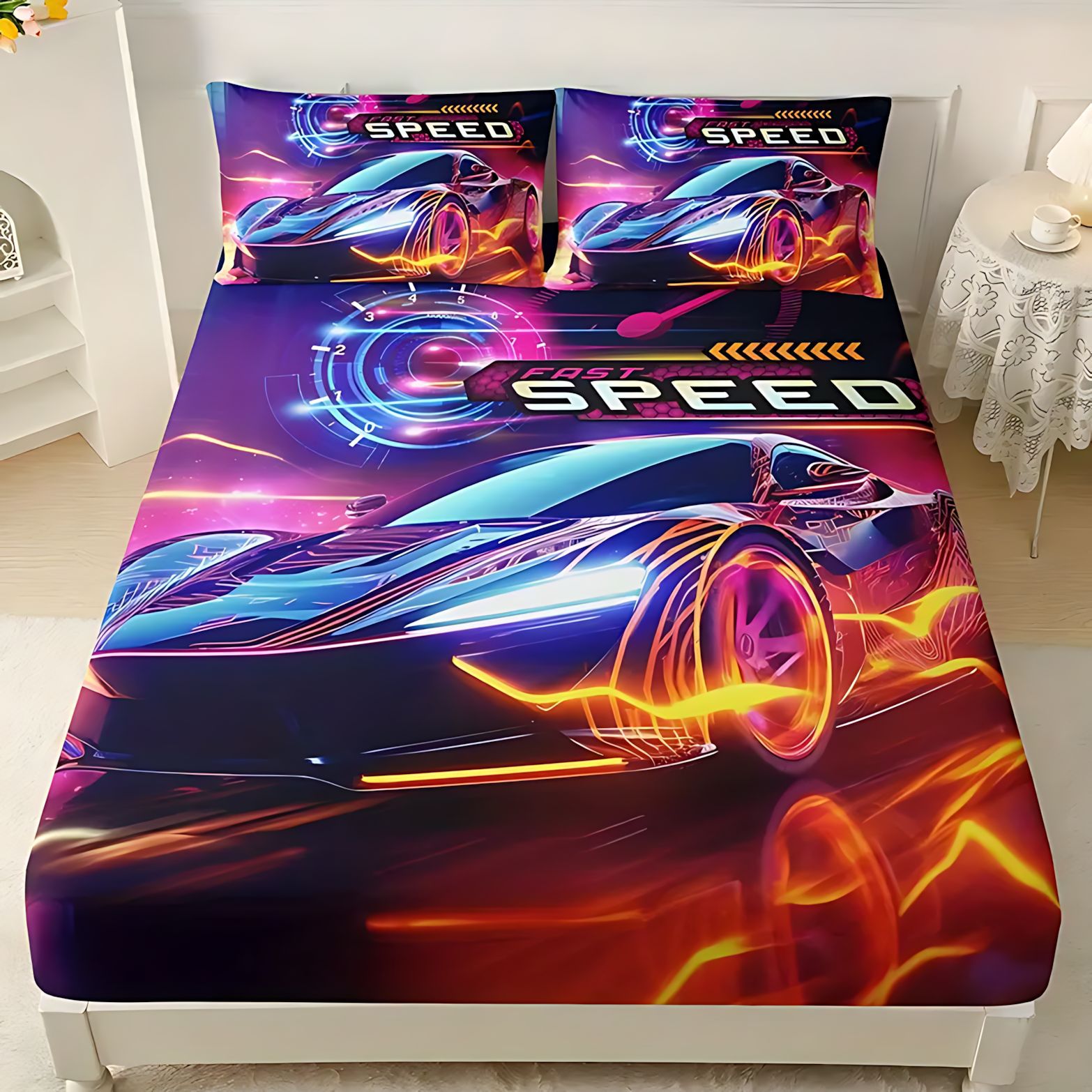 TEMU / JIT Cross-border neon luminoso coche deportivo 3D impresión digital cama gaza pillow kit para dibujar