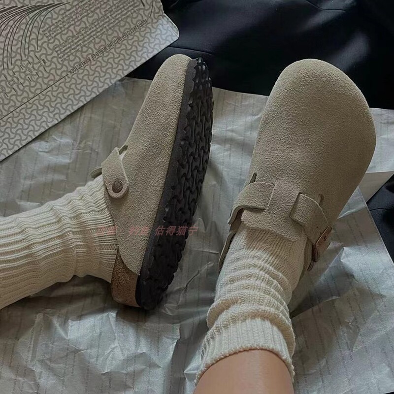 Correct Letter √ Birkenneth Shoes Retro Cowhide Half-Drag Cork One-Step Slip-on Birkenth Baotou Slippers Full-Bag Lovers Shoes