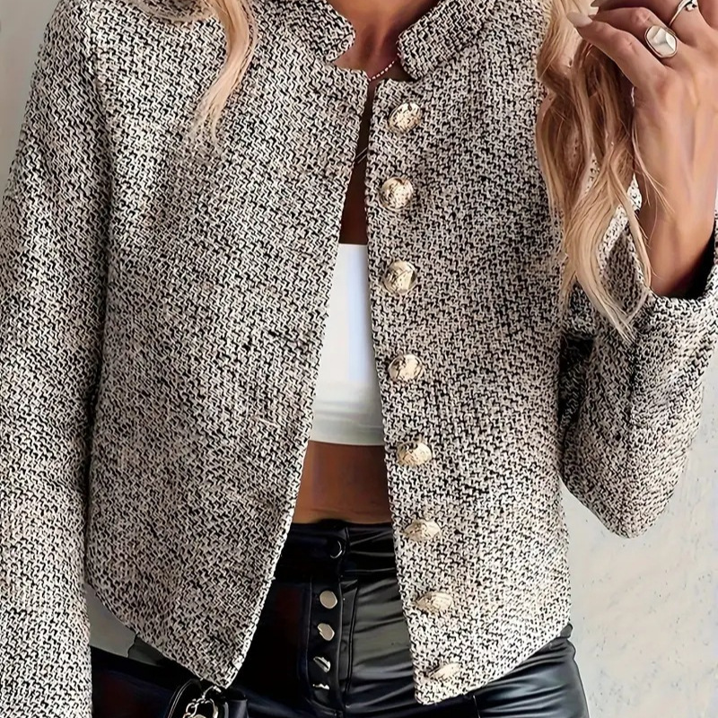 2025 European and American Style Elegant Chanel-Inspired Stand-Collar Long-Sleeve Short Women's Tweed Woolen Jacket
