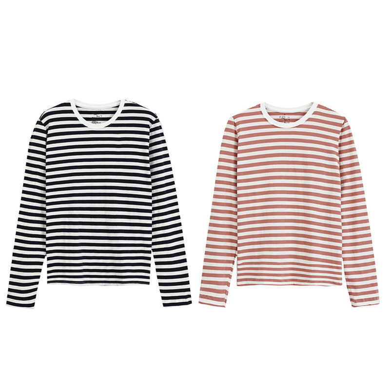 Non-printed Japanese-style long-sleeved T-shirt women's cotton striped T-shirt Indian cotton T-shirt Tianzhu woven round neck T-shirt