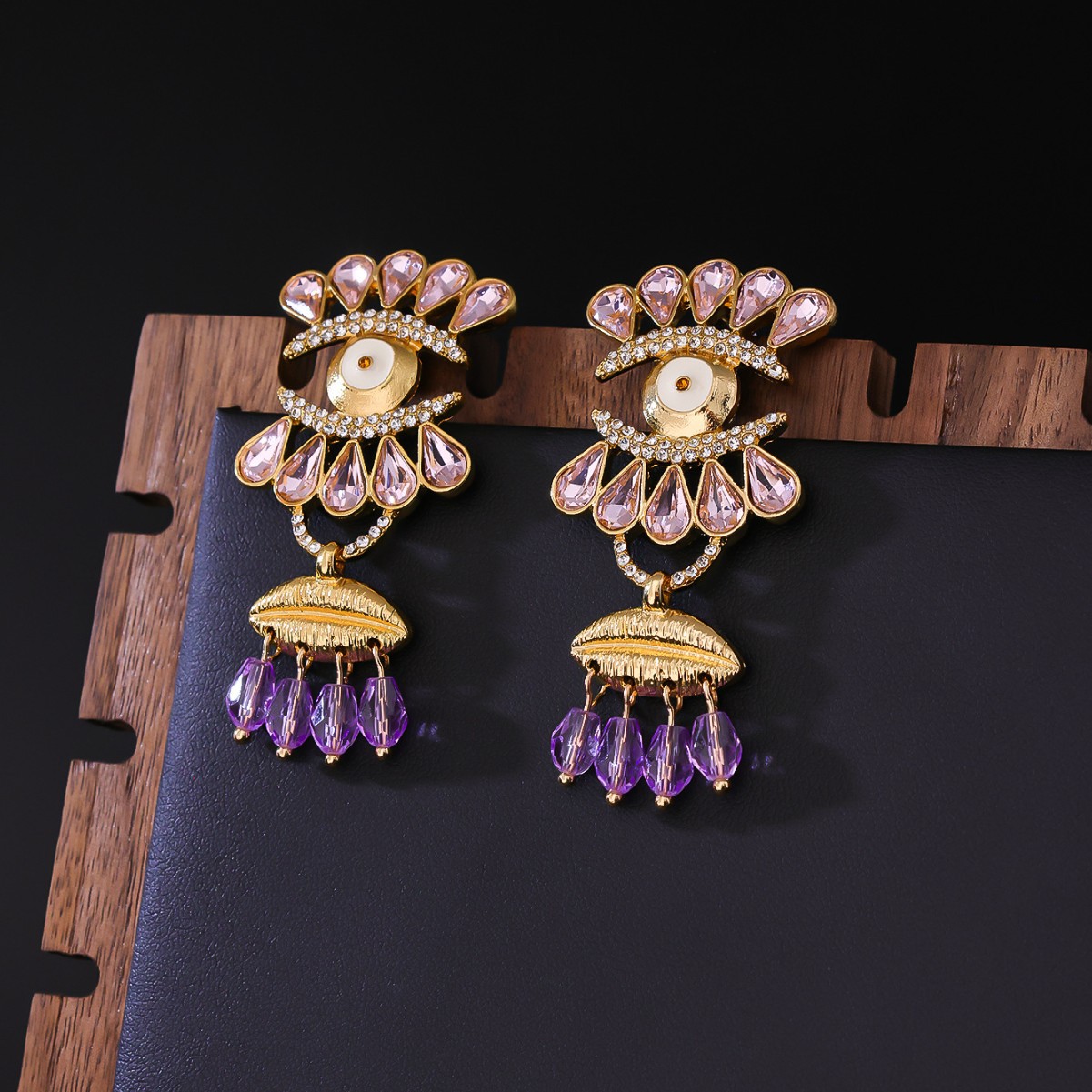 Vintage Devil Eye Clip Earrings With Diamond Water Drop Tassels_voghion.com